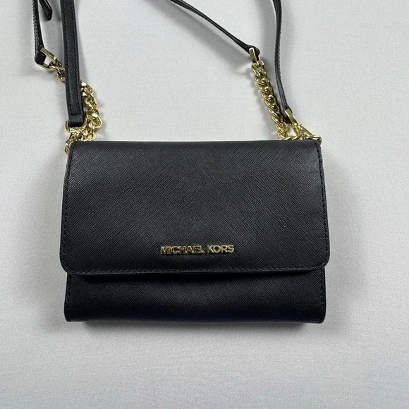 Michael Kors Jet Set Saffiano Leather Smartphone Crossbody Black Gold Timeless - Picture 4 of 10